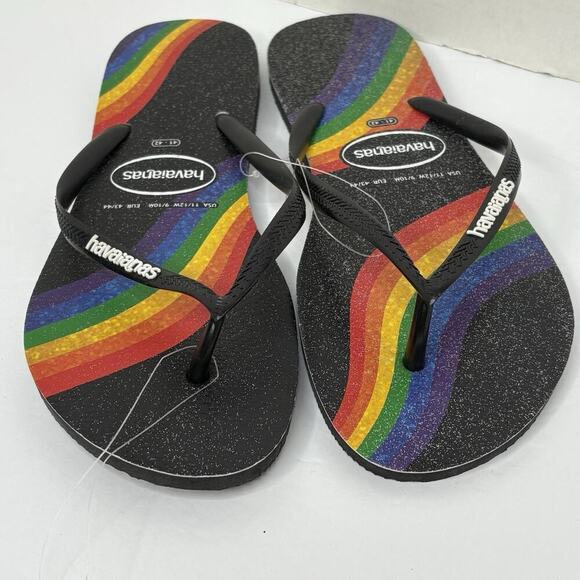 HAVAIANAS Slim Pride Flip Flops Black/Rainbow 41/42 Womens 11/12 Mens 9/10 NWT - Picture 2 of 4